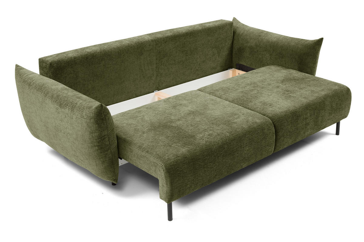 SOFA ADEL - Schlaffunktion Und Bettkasten, Wellenfederung, PUR-Schaum, Schwarze Metallfüße lose Rückenkissen, freistehend, 240x108x75 cm Olive green - Olivgrün, Holz/Textil (240/75/108cm) - DomoHome