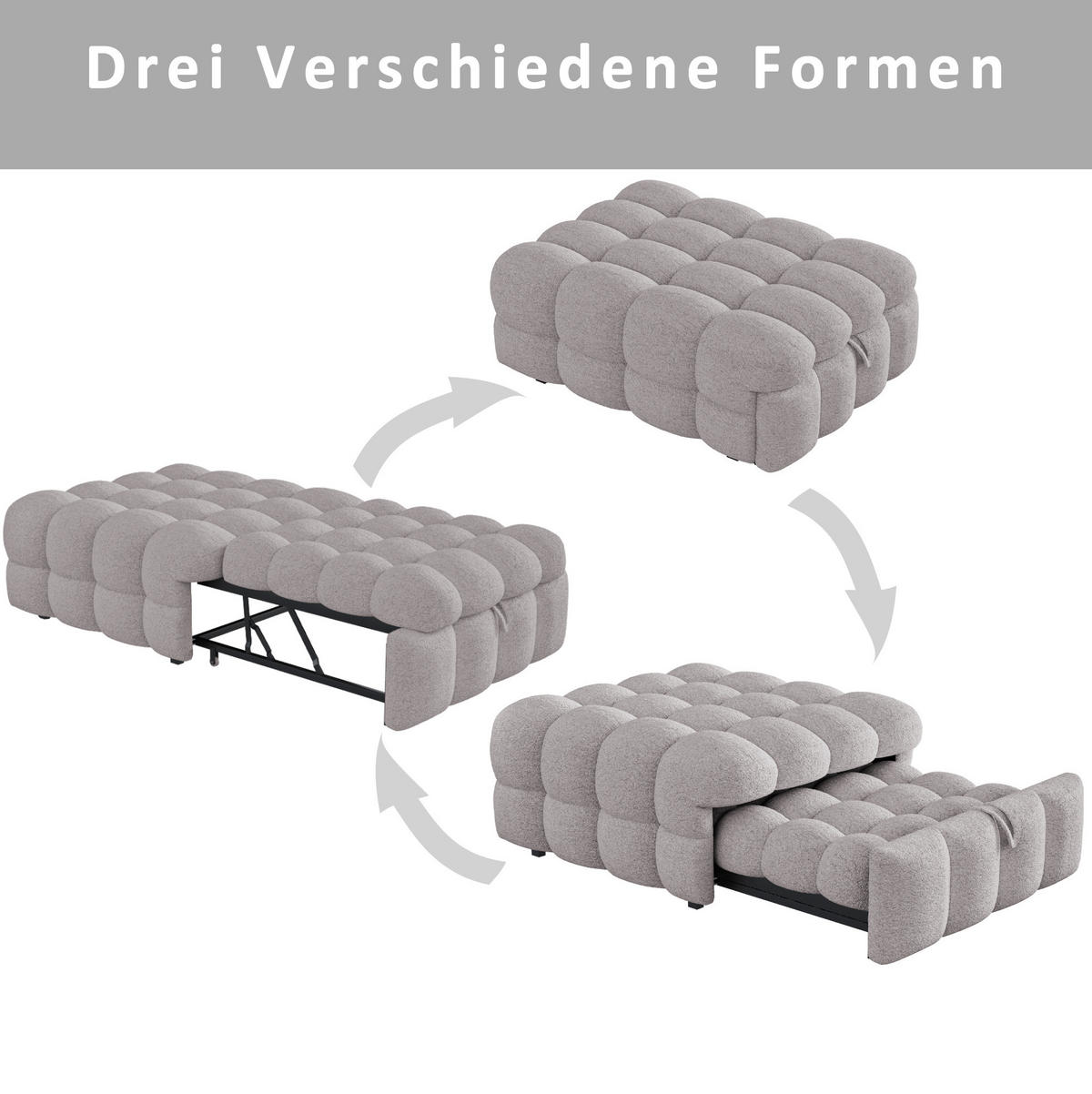 SCHLAFSOFA 2-in-1 aus Teddy-Stoff, ausziehbar, 183/76/42 cm, Grau - Grau, Textil (76/42/183cm) - Redom