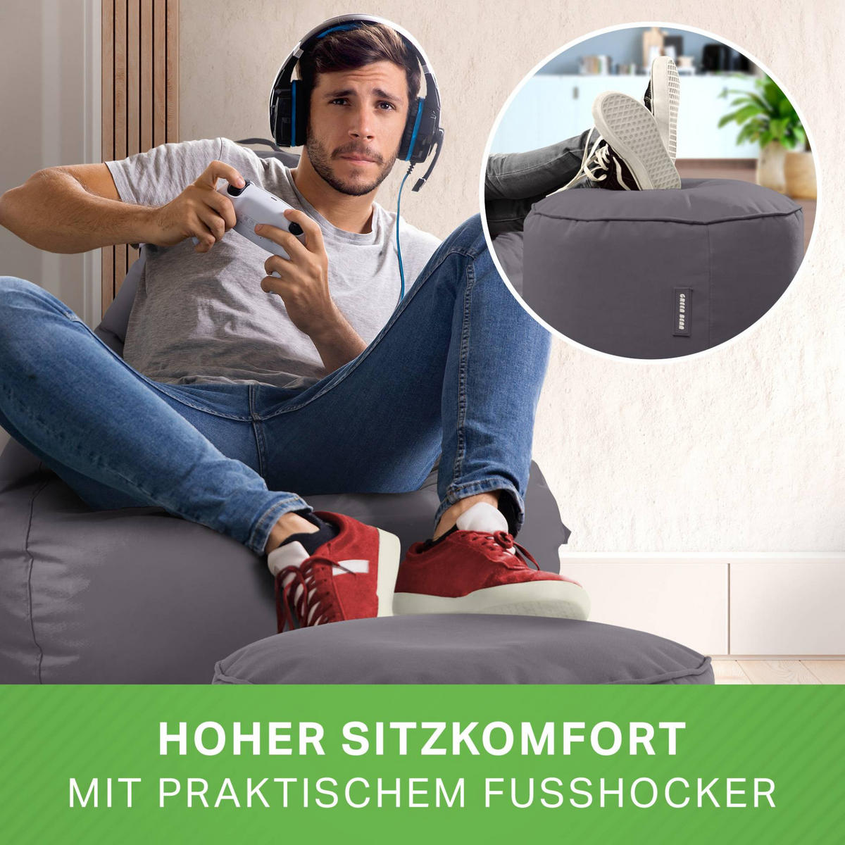 SITZSACK + Hocker "Cozy+Stay" 2er Set - Anthrazit, Textil (70/90/80cm) - Green Bean