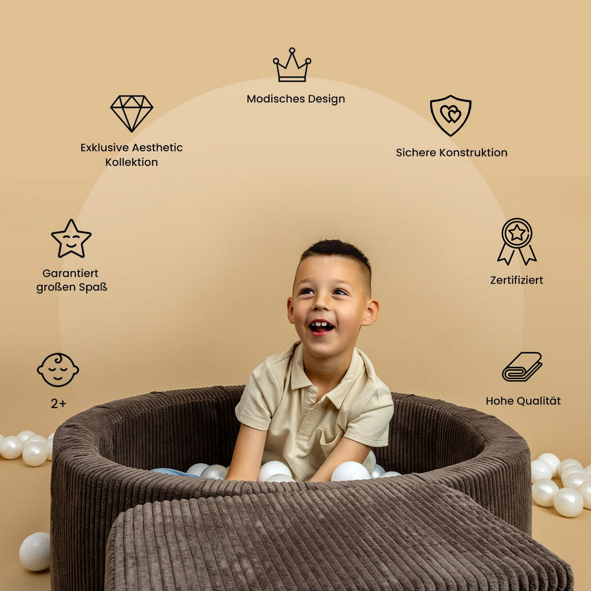 BÄLLEBAD für Kinder, Cord, Khaki - Koralle/Salbeigrün, Textil (90/90/30cm) - MeowBaby