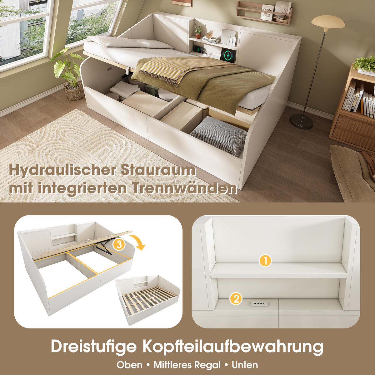 DENNÁ posteľ 140/190 cm biela s hydraulickým úložným priestorom a USB/Type-C nabíjaním z dreva - biela, textil (140/190cm) - OKWISH