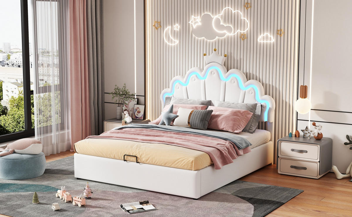 POLSTERBETT 140/200 cm Weiß aus Kunstleder mit LED-Beleuchtung - Weiß, Kunststoff (140/200cm) - OKMYHOME