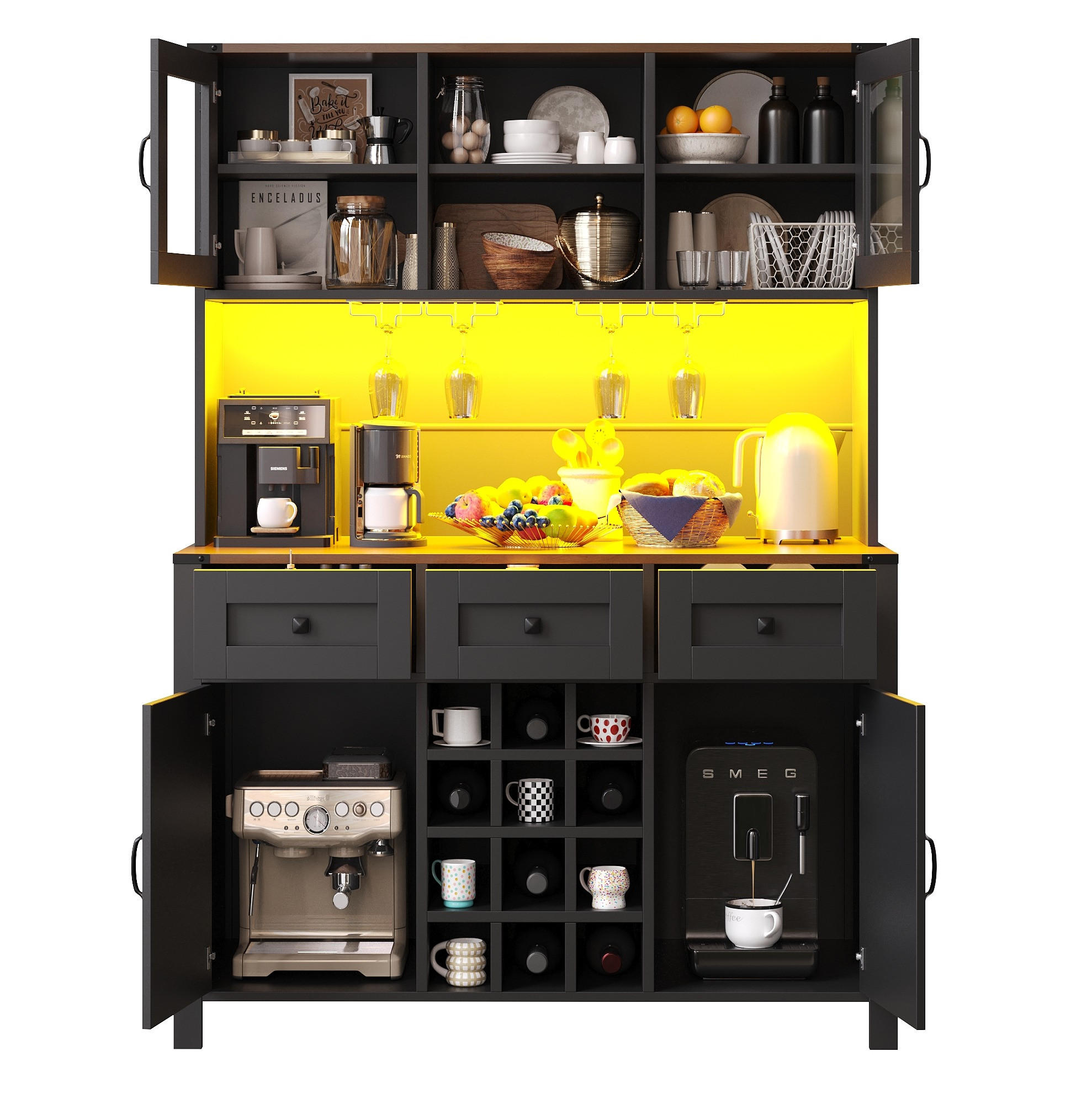BUFFET 120/40/170 cm aus MDF und Glas mit LED-Beleuchtung und Steckdosenleiste Schwarz - Schwarz, Holzwerkstoff (120/170/40cm) - Modenvie