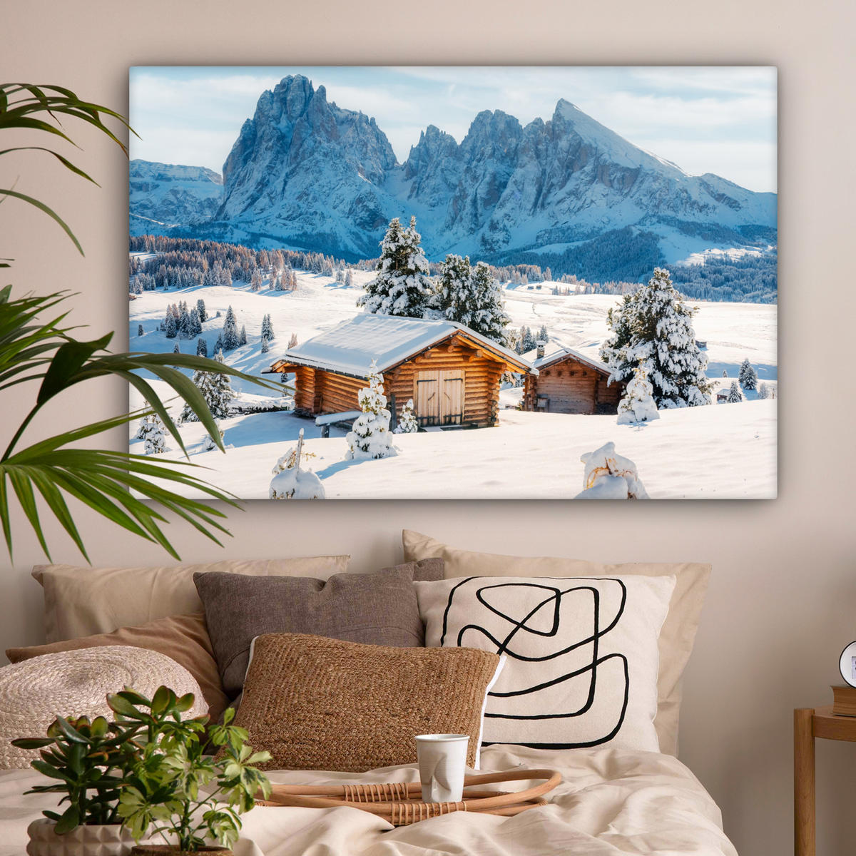 LEINWANDBILD Winter - Hütte - Berge - Aussicht - Schnee Wohnzimmer Groß 120x80 cm - Eichefarben, Textil (120/80cm) - MuchoWow