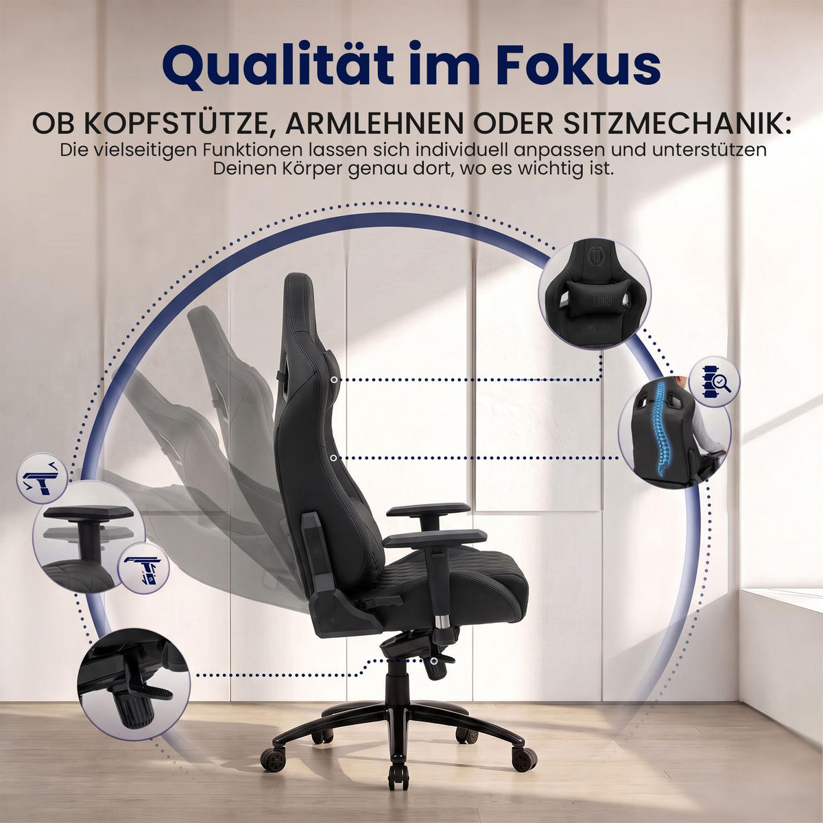 GAMINGSTUHL Echtleder schwarz - Schwarz, Leder/Metall (70/133/64cm) - CLP