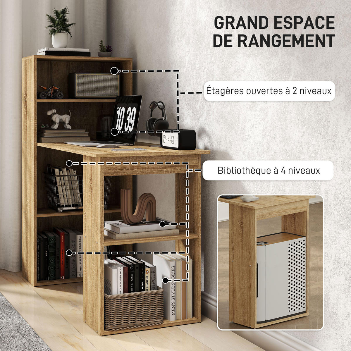 SCHREIBTISCH Eicheoptik und Weiß mit integriertem Regal 120/55/120 cm - Eichefarben, Holz (55/120/120cm) - PANGIVO
