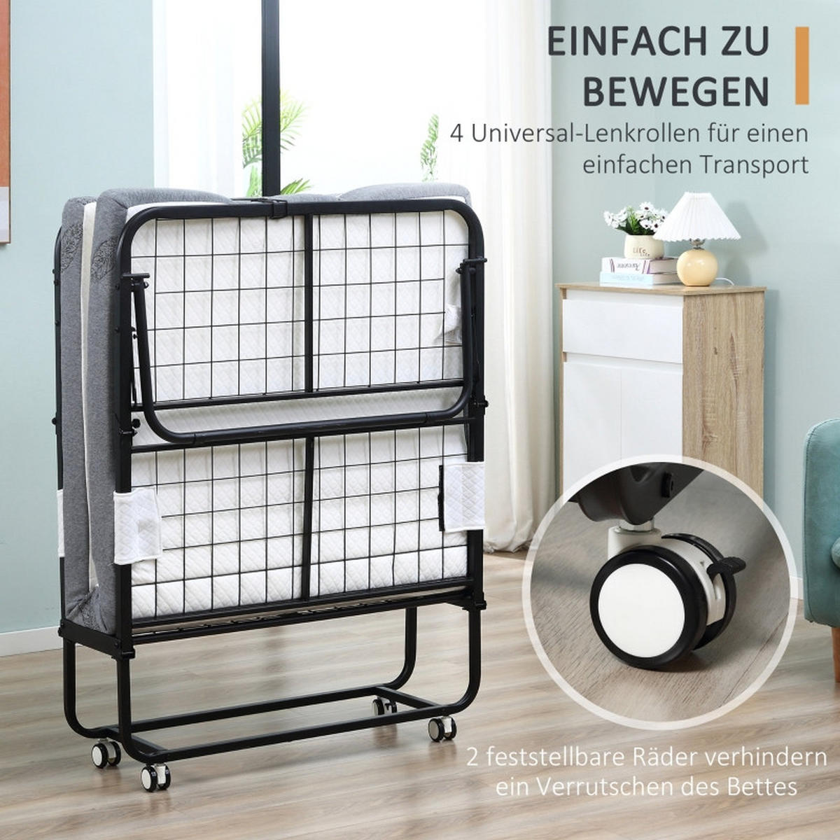 GÄSTEBETT klappbar 90x200 cm Weiß mit Rollen - Weiß, Metall (90/200cm) - Beauniv