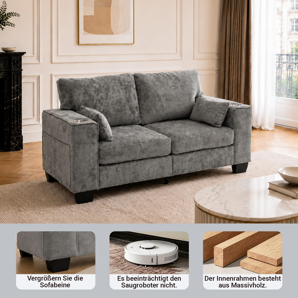 2-SITZER-SOFA 182 cm Chenille mit Getränkehaltern, DE-42913, Dunkelgrau - Dunkelgrau, Holz (182/96/79cm) - ComfortXL