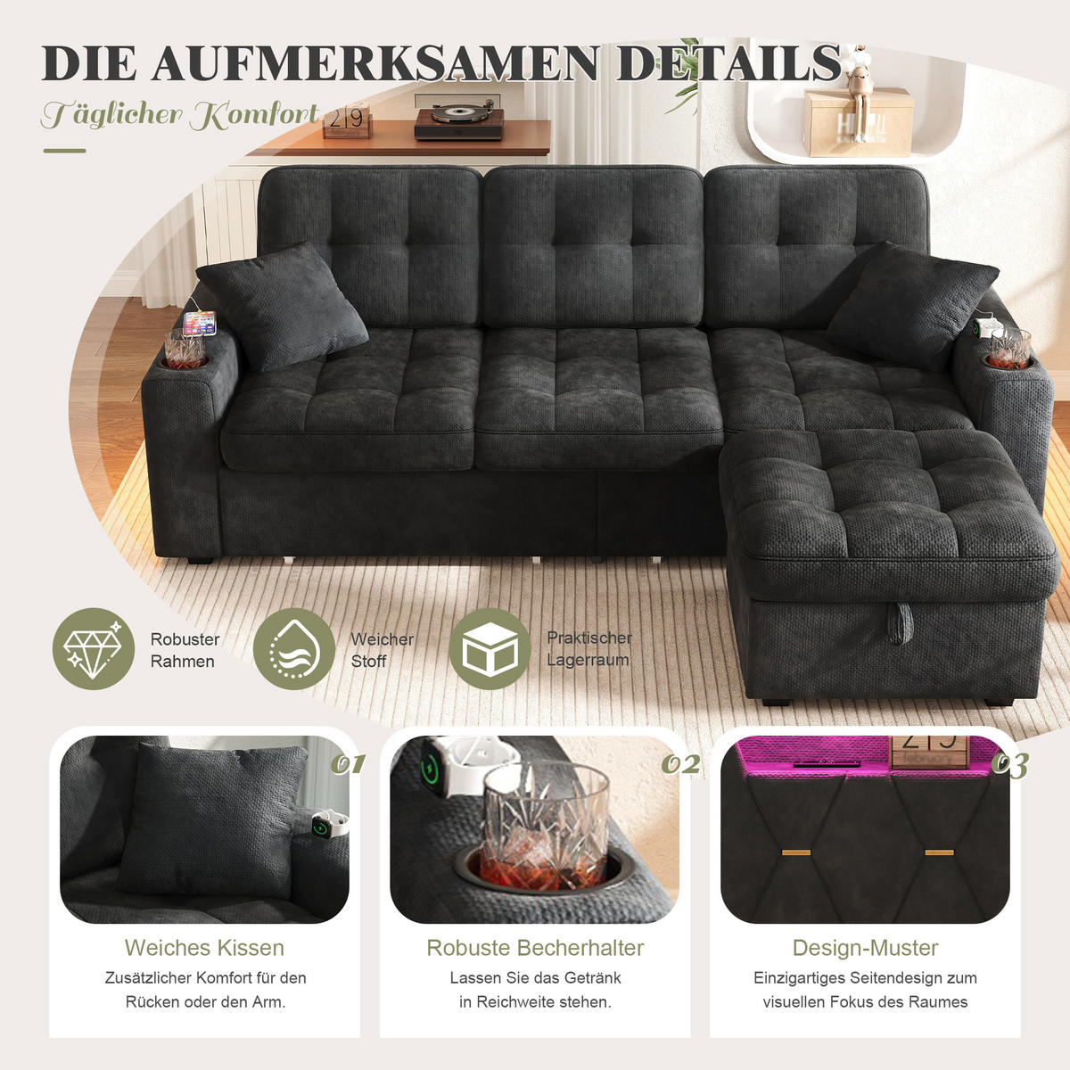 BIGSOFA mit Stauraum-Hocker, USB-C, LED und Becherhaltern aus Chenille - Schwarz, Textil (194.5/83/133cm) - EVRYAE