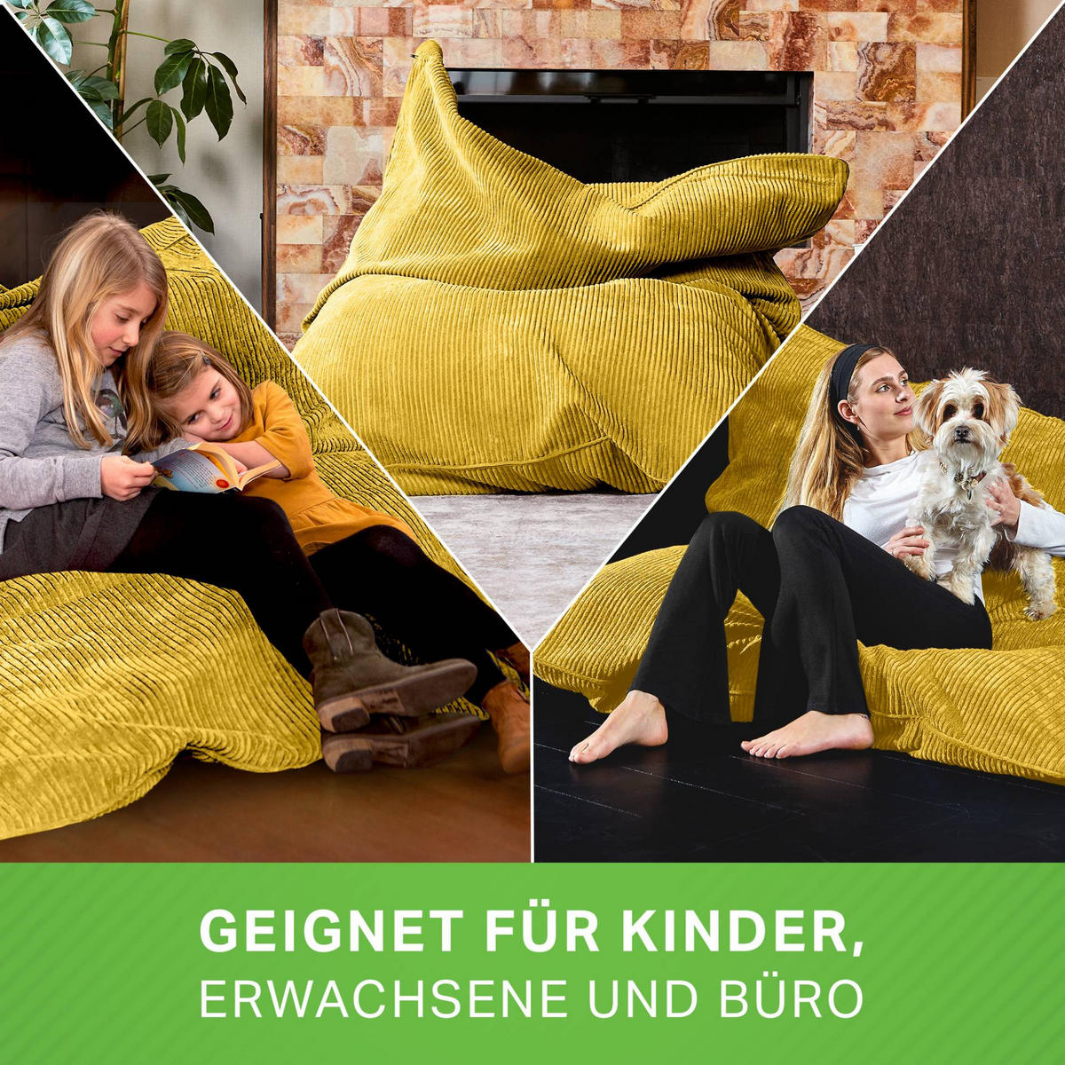 SITZSACK XXL "Square" aus Cord – 370 L - Gelb, Textil (140/25/180cm) - Green Bean