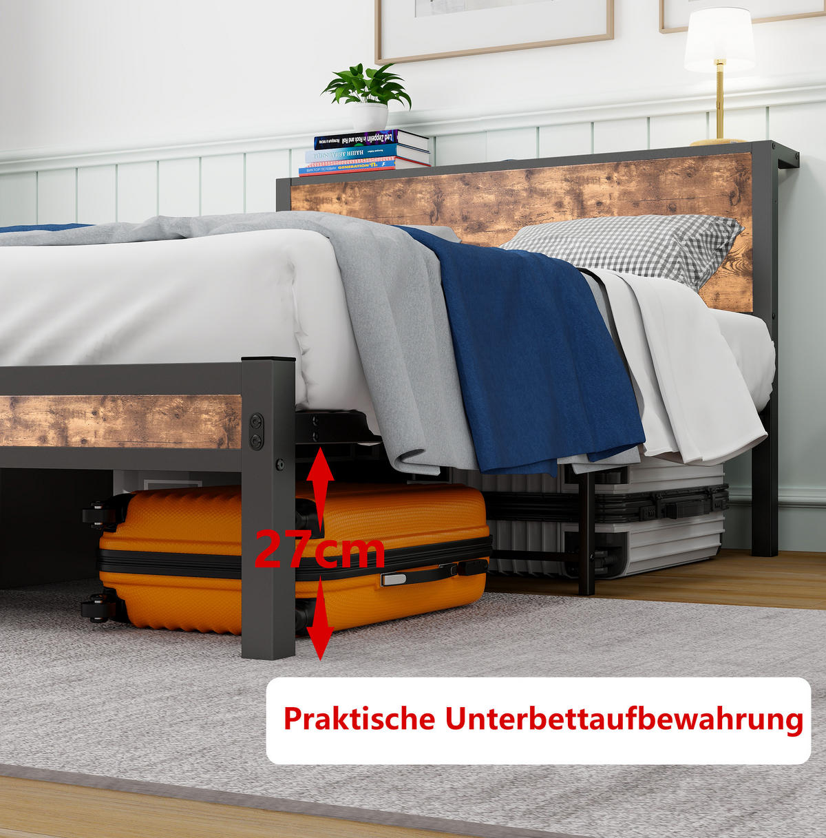 EINZELBETT 120/200 cm Antikbraun mit Stauraum und Lattenrost aus Metall - Braun, Metall (120/200cm) - MIVRAY