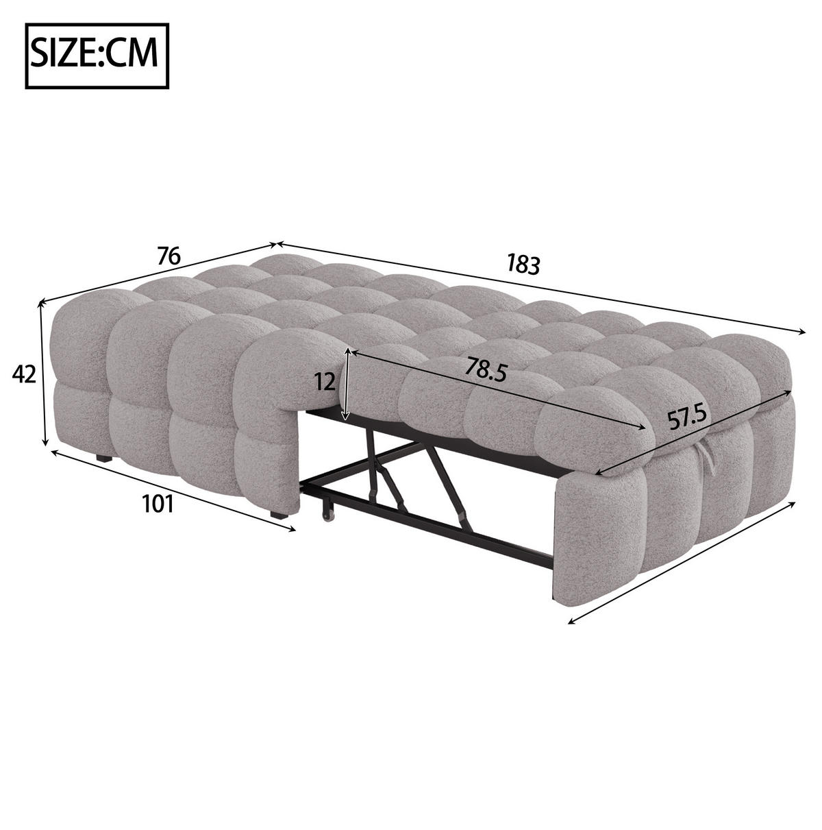 BETT 183/76/42 cm in Grau – 2-in-1 aus Teddy-Stoff, ausziehbar - Grau, Textil (70/180cm) - BEAOK