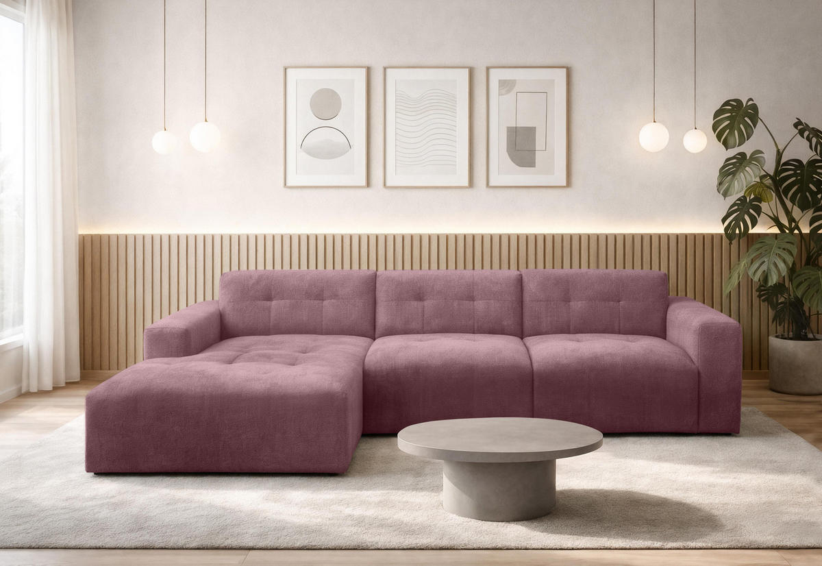 ECKSOFA L Form Corlu Rosa 310/165/78 cm – stilvolle kleine Eckcouch Links - Schwarz/Rosa, Kunststoff/Textil (310/165cm) - AX Living