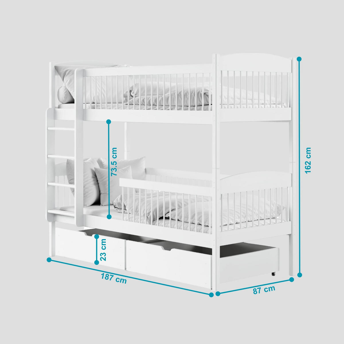 ETAGENBETT mit zwei Schubladen und zwei Matratzen 80x180 cm in Weiß - Weiß, Holz (80/180cm) - Kids Collective