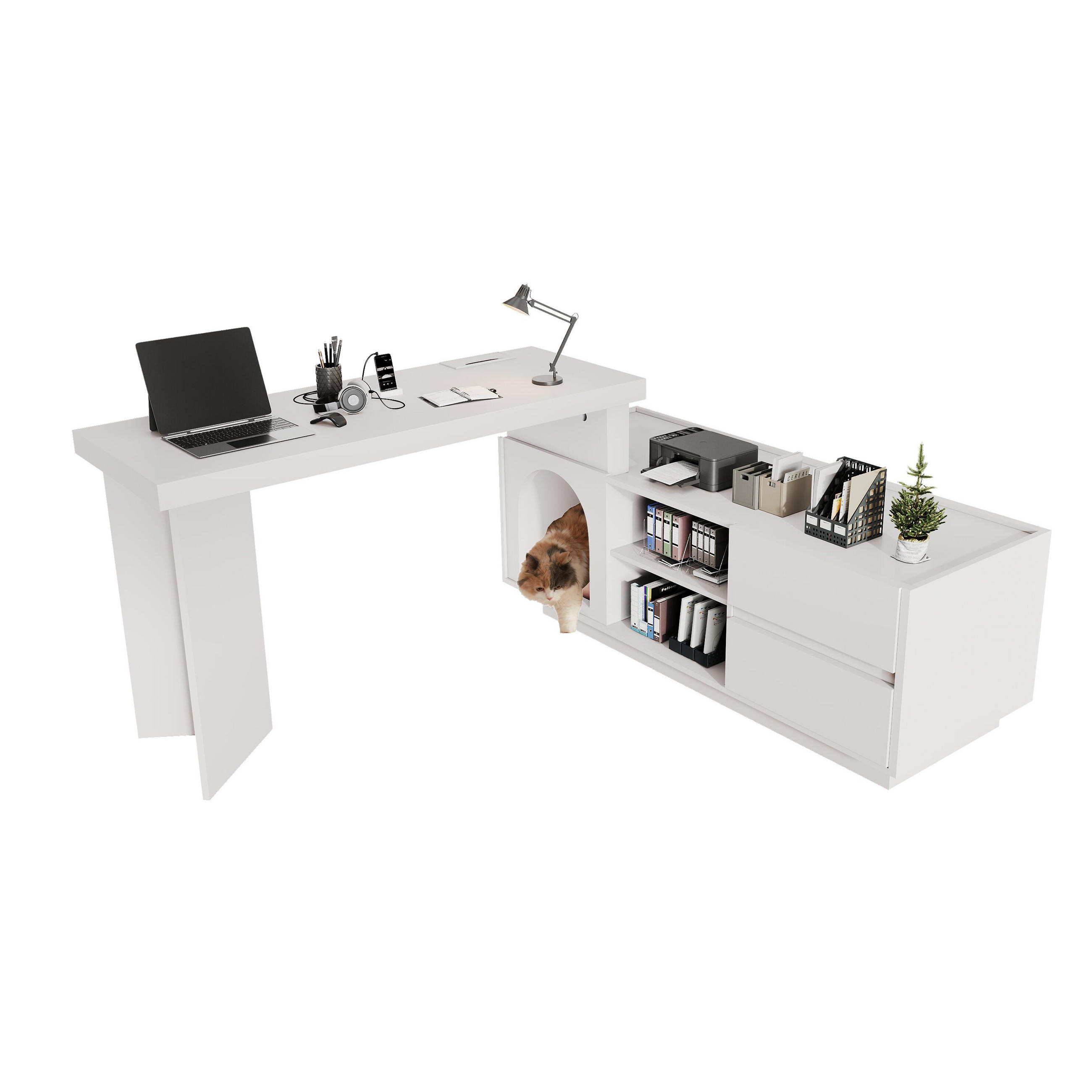 BÜROTISCH mit Stauraum und integriertem Haustierbereich – Weiß - Weiß, Holzwerkstoff/Metall (120/120/75cm) - Urban Meuble
