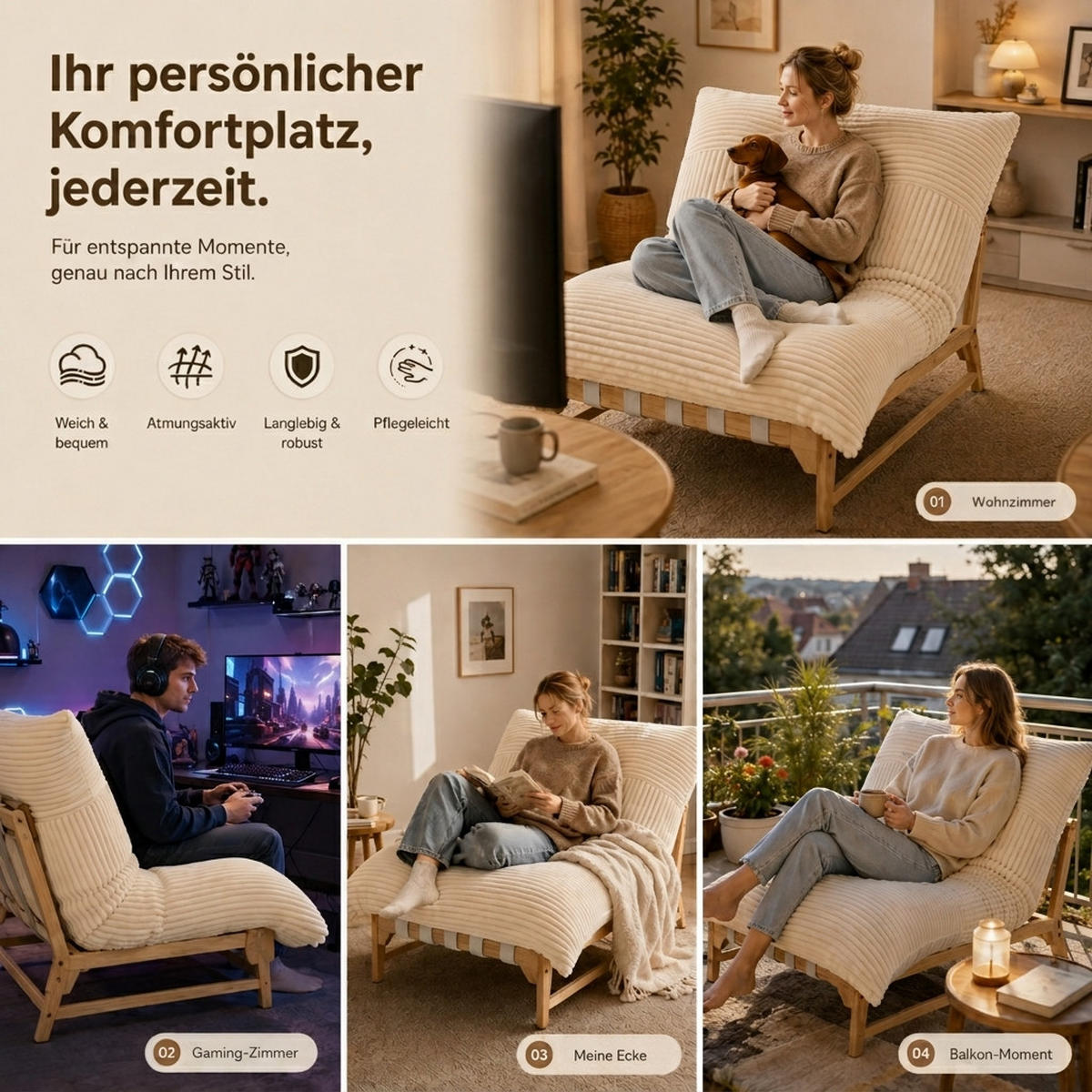 XXL-SESSEL Cord mit Holzrahmen, Breites Kissen, Beige - Beige, Holz/Textil (117/94/114cm) - LVHOM