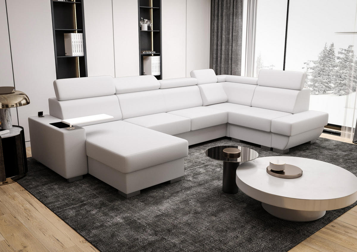 WOHNLANDSCHAFT KONGO RBN20, Eckcouch in U-Form mit Schlaffunktion, Farbe: Weiß, Kunstleder, Ottomane Links - Weiß, Textil (340/103/200cm) - O-Sofa