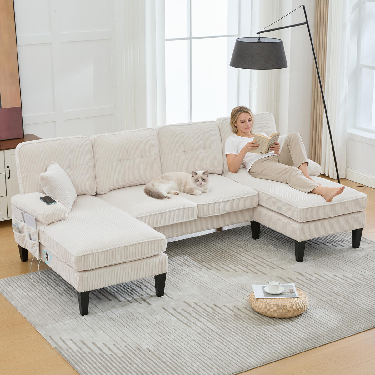 WOHNLANDSCHAFT Cord Beige mit USB, Type-C und Seitentaschen - Beige, Textil (250/88/130cm) - WISHDOR