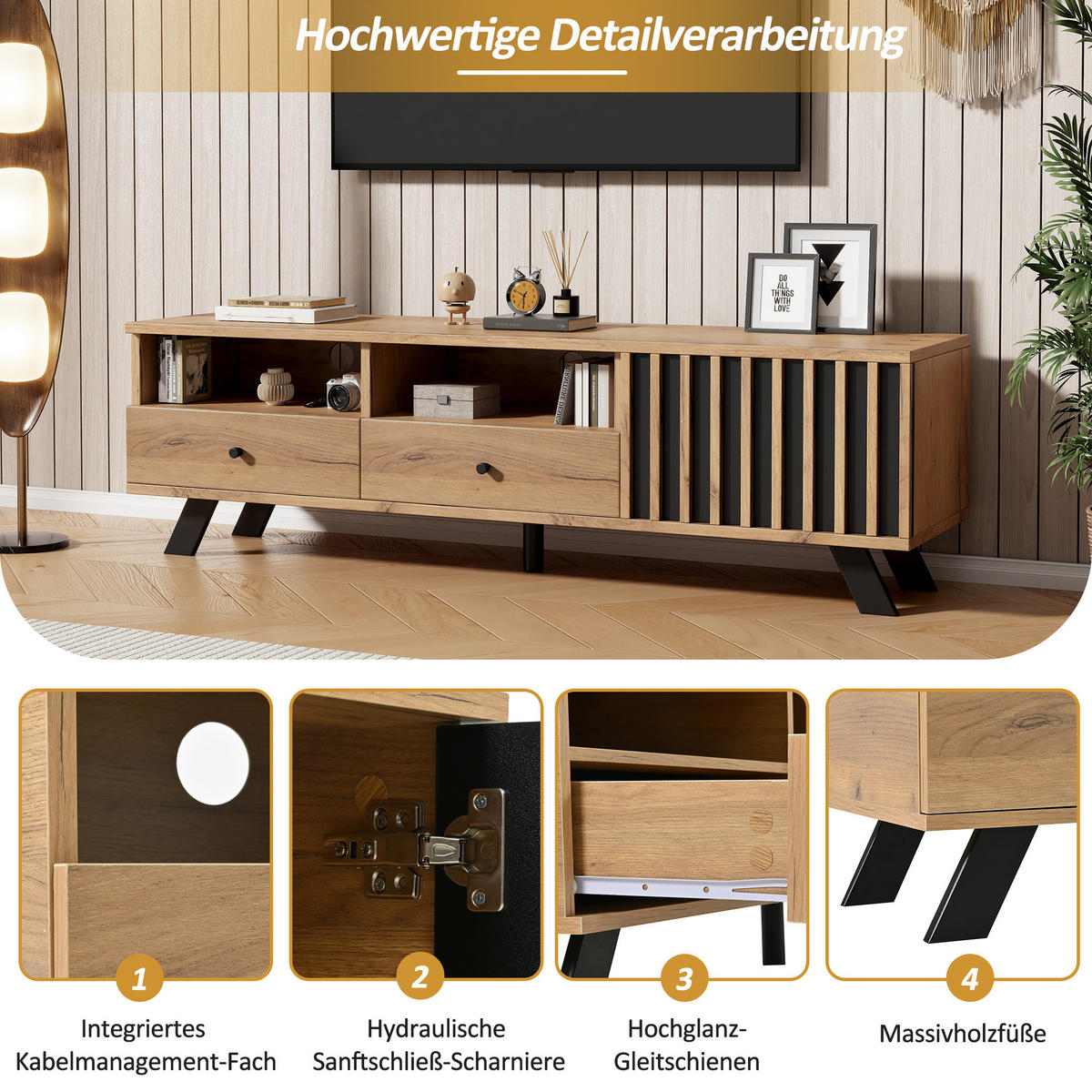 TV-LOWBOARD Compact Naturfarben-Schwarz 150/38/44 cm - Naturfarben, Holzwerkstoff (150/44/38cm) - PANGIVO