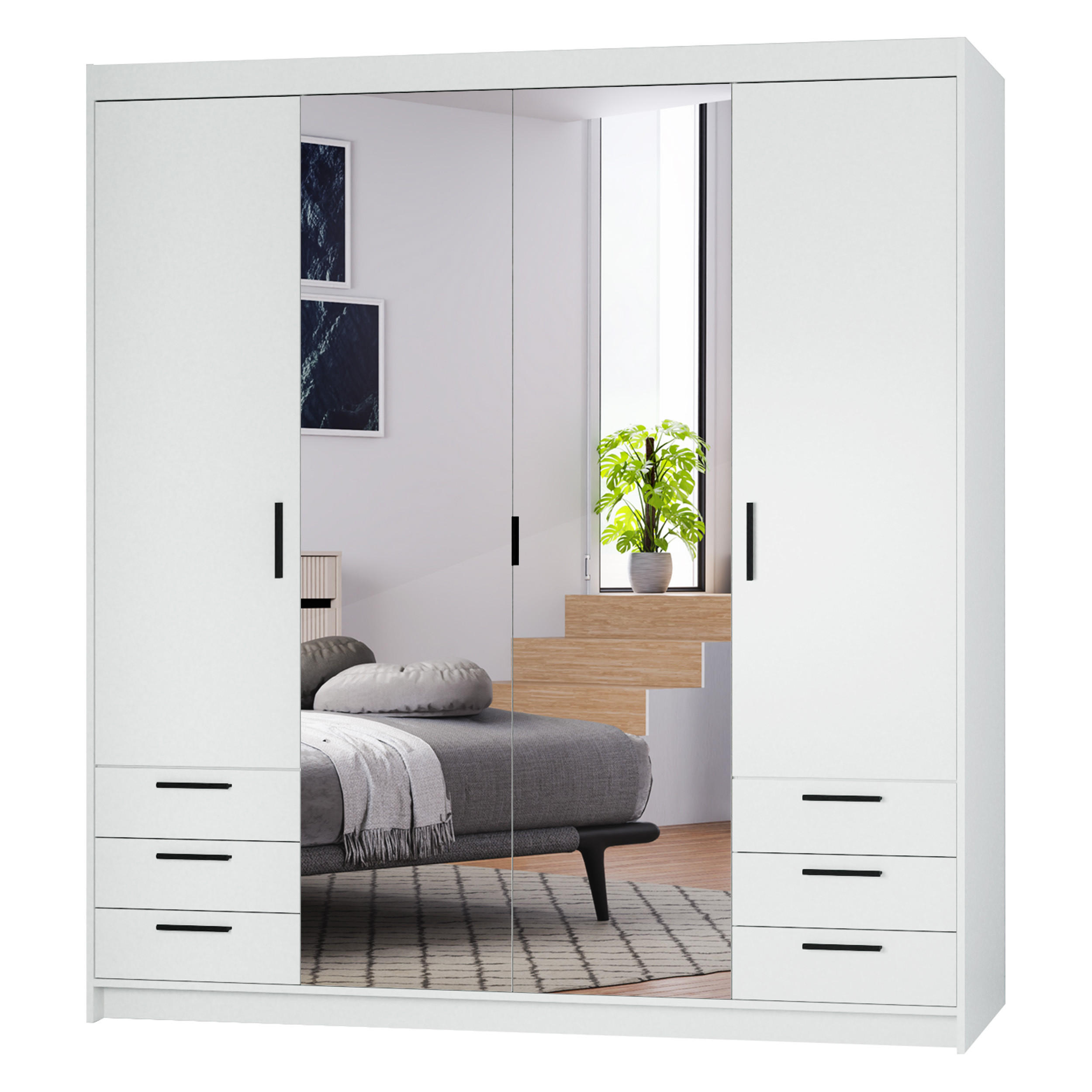 KLEIDERSCHRANK Storicos Weiß 176,3/190,5/53 cm - 4T6S Modern mit Schubladen und Spiegel - Weiß, Holzwerkstoff/Kunststoff (176.3/190.6/53cm) - AX Living