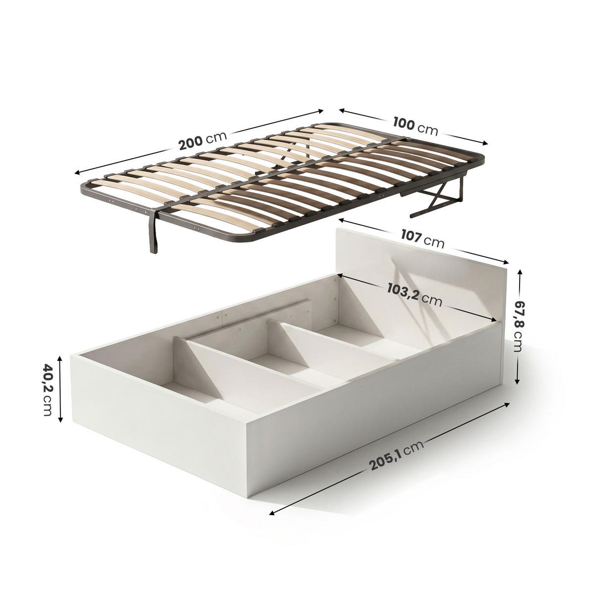 BETT mit Bettkasten 100x200 cm Metalllattenrost Weiß - Weiß, Holzwerkstoff (100/200cm) - Akord