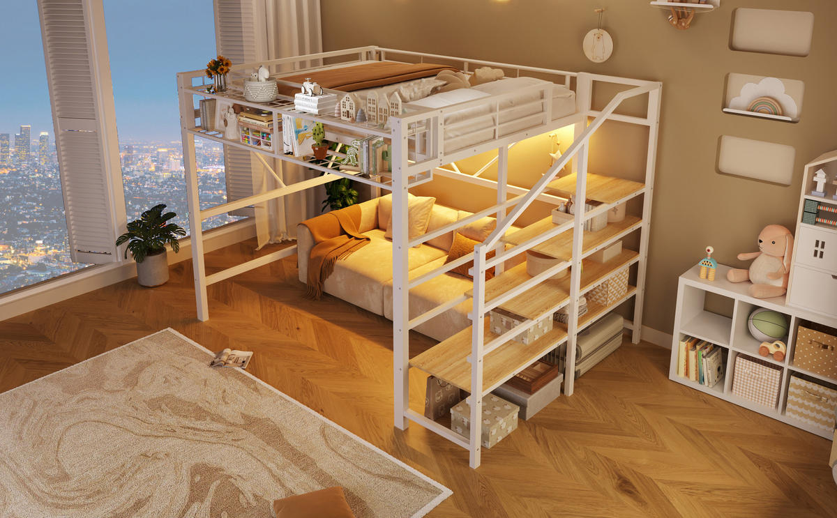 HOCHBETT 140/200 cm mit Metallgestell Weiß, Stufenregal, Aufbewahrungskorb und LED-Licht - Weiß, Metall