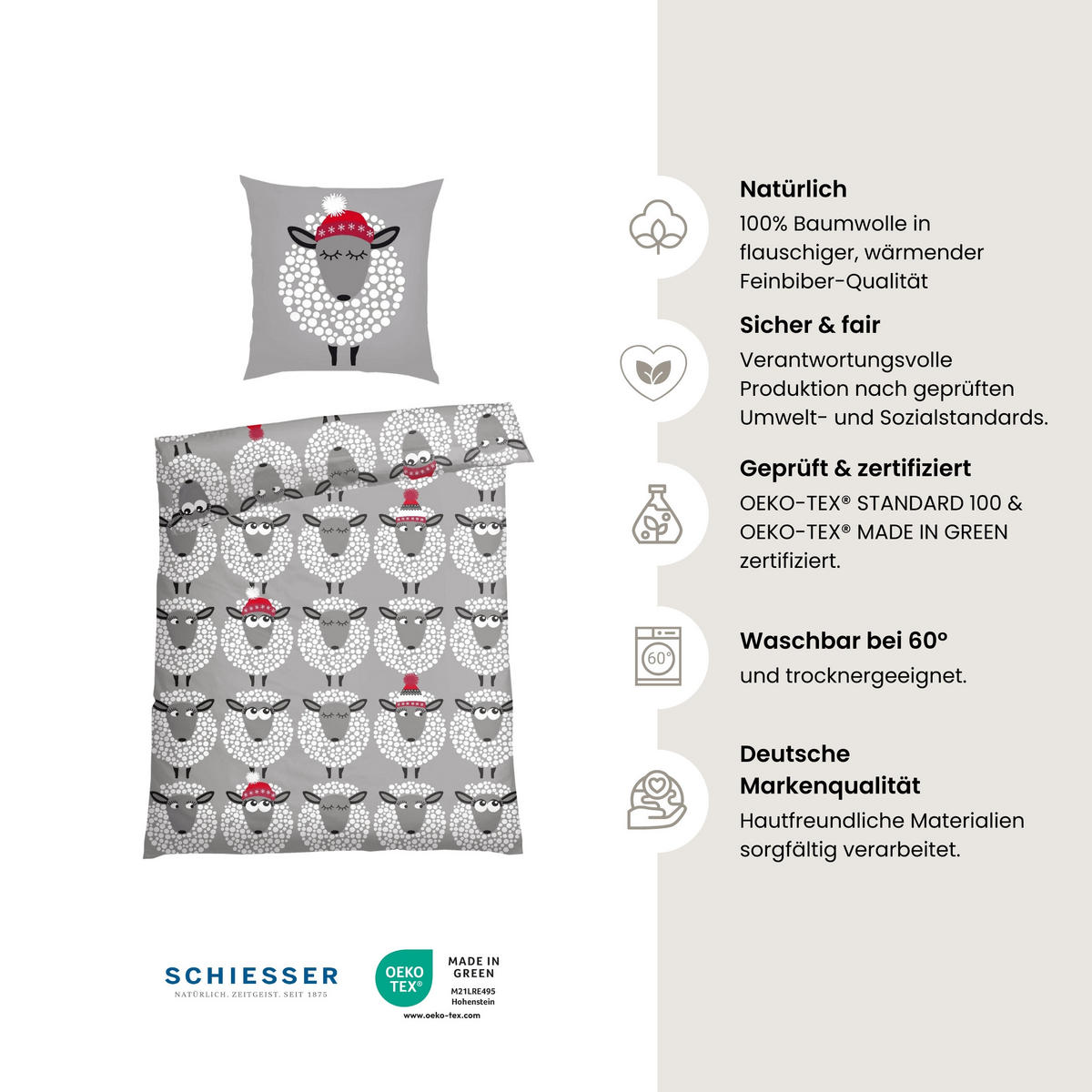 BETTWÄSCHESET Sippa - Feinbiber - 2-teilig - 135 x 200 cm - Grau - Grau, Textil (135/200cm) - SCHIESSER