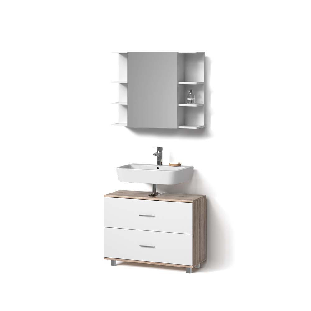BADMÖBEL-SET Eisak Weiß/Sonoma 2 Teile, Unterschrank 80 cm - Weiß/Sonoma Eiche, Holzwerkstoff (80/60/33cm) - Livinity®