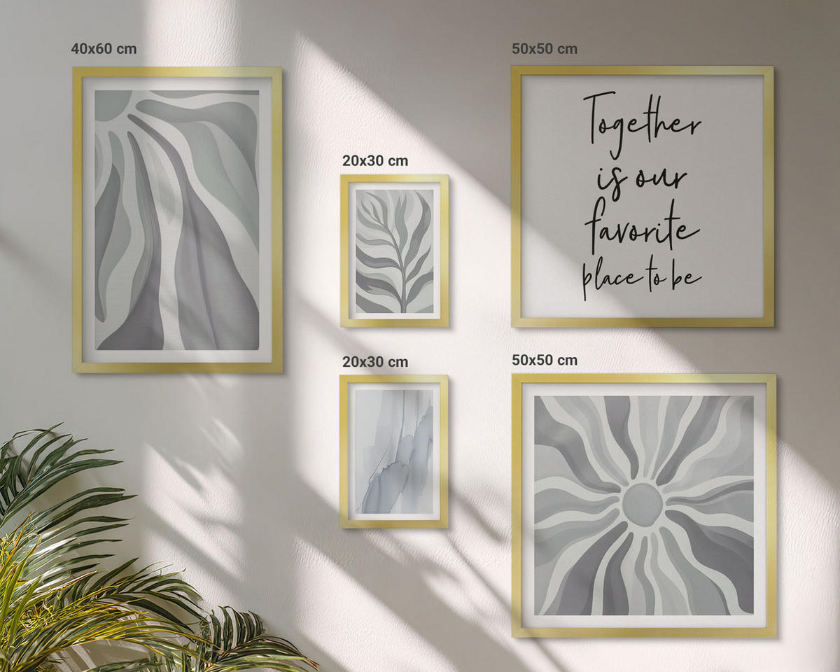 BILDER SET 5er Set - 50x50 cm & 20x30 cm & 40x60 cm Goldrahmen - Illustrationen mit floralen Pastellmustern - Goldfarben, Kunststoff (40/60cm) - TULUP