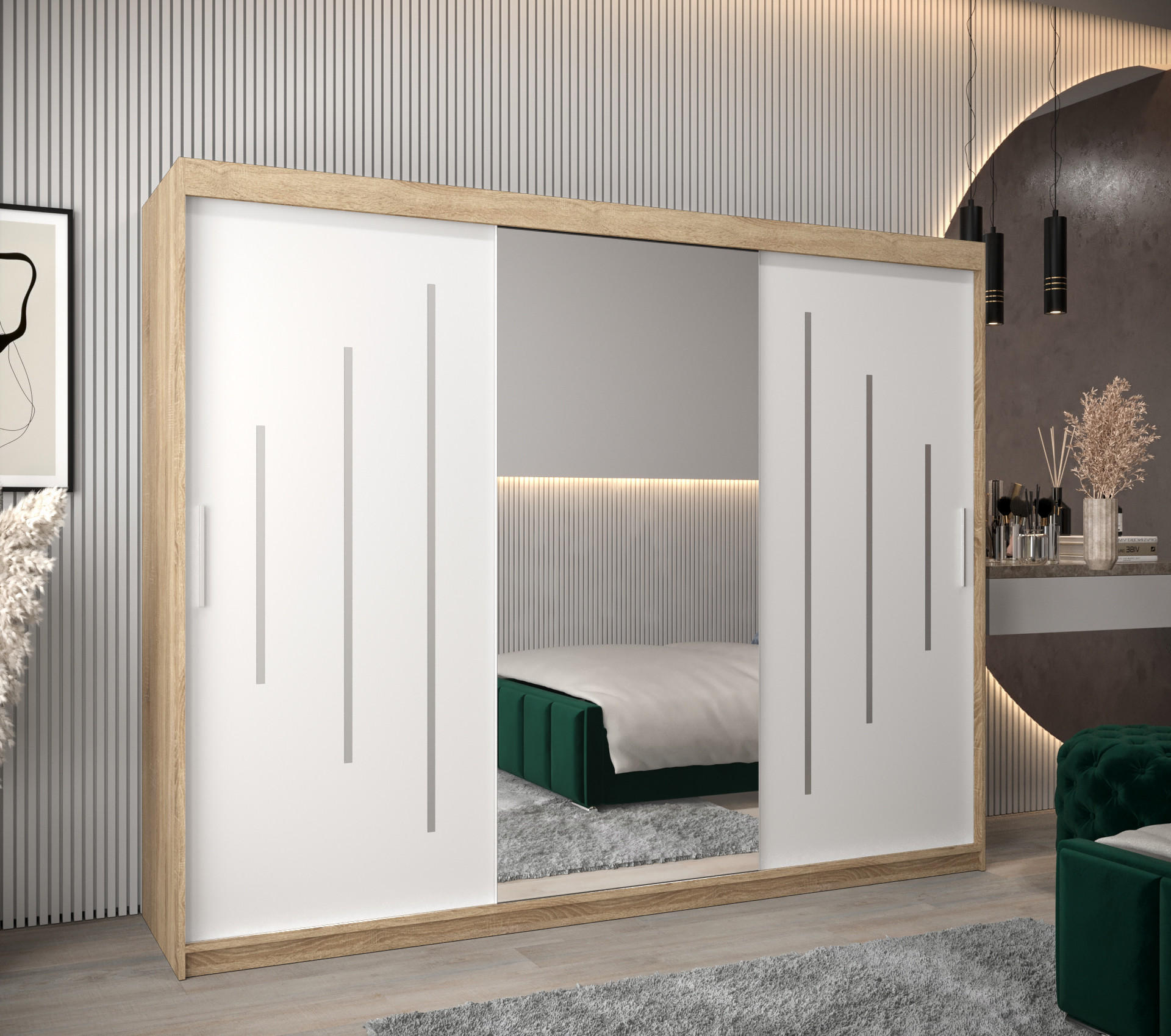 SCHWEBETÜRENSCHRANK 200/250/62 3-türig - Silberfarben/Weiß, Holz/Kunststoff (250/200/62cm) - Abiks Möbel