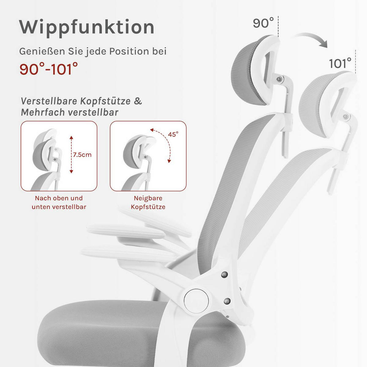 DREHSTUHL mit Wippfunktion, Netzstoff, Hellgrau - Hellgrau, Kunststoff/Textil (63.5/109.5/50cm) - Woltu