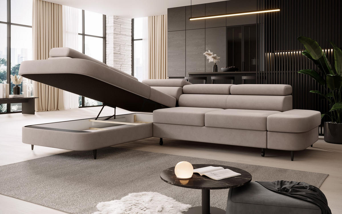 ECKSOFA Priam L-Form mit Schlaffunktion und Stauraum Modern Form Beige - Beige, Holz/Textil (275/203cm) - Muffo