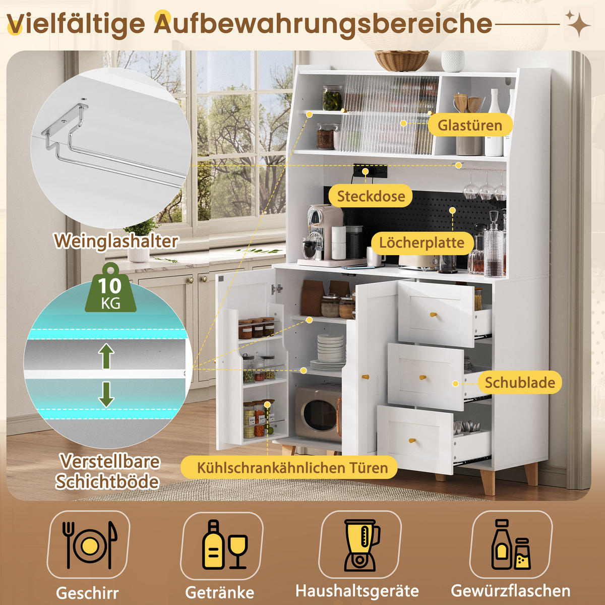 BUFFET 120/40/184 cm weiß aus MDF mit Steckdosen und Lochplatte - Weiß, Holzwerkstoff (120/184/40cm) - OKWISH