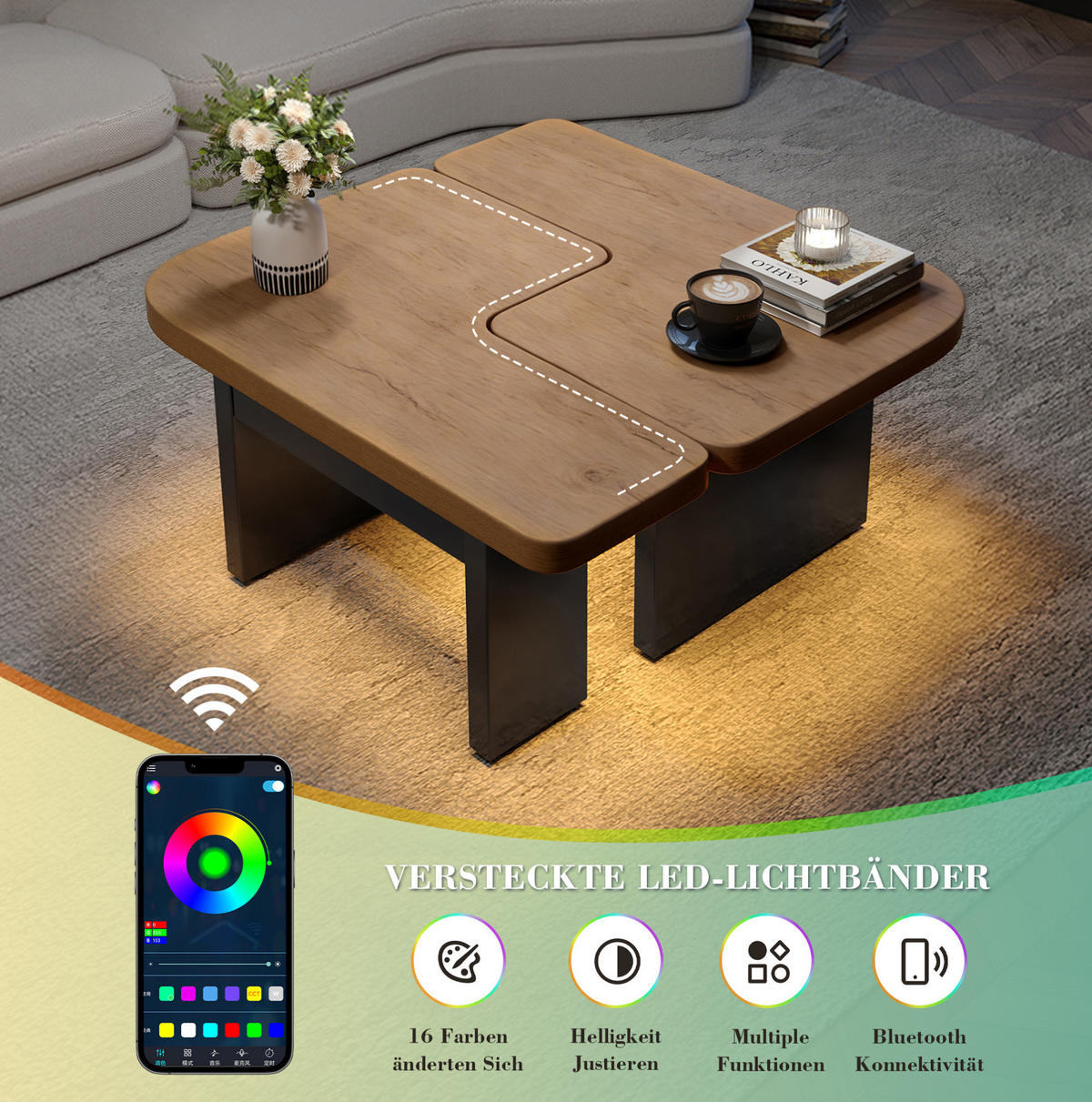 COUCHTISCH 90/60/44,5 cm mit LED-Beleuchtung, 2 Schubladen und flexibel kombinierbarem 2-in-1-Design, Naturholz/Schwarz - Naturfarben, Holzwerkstoff (90/60/44.5cm) - Redom