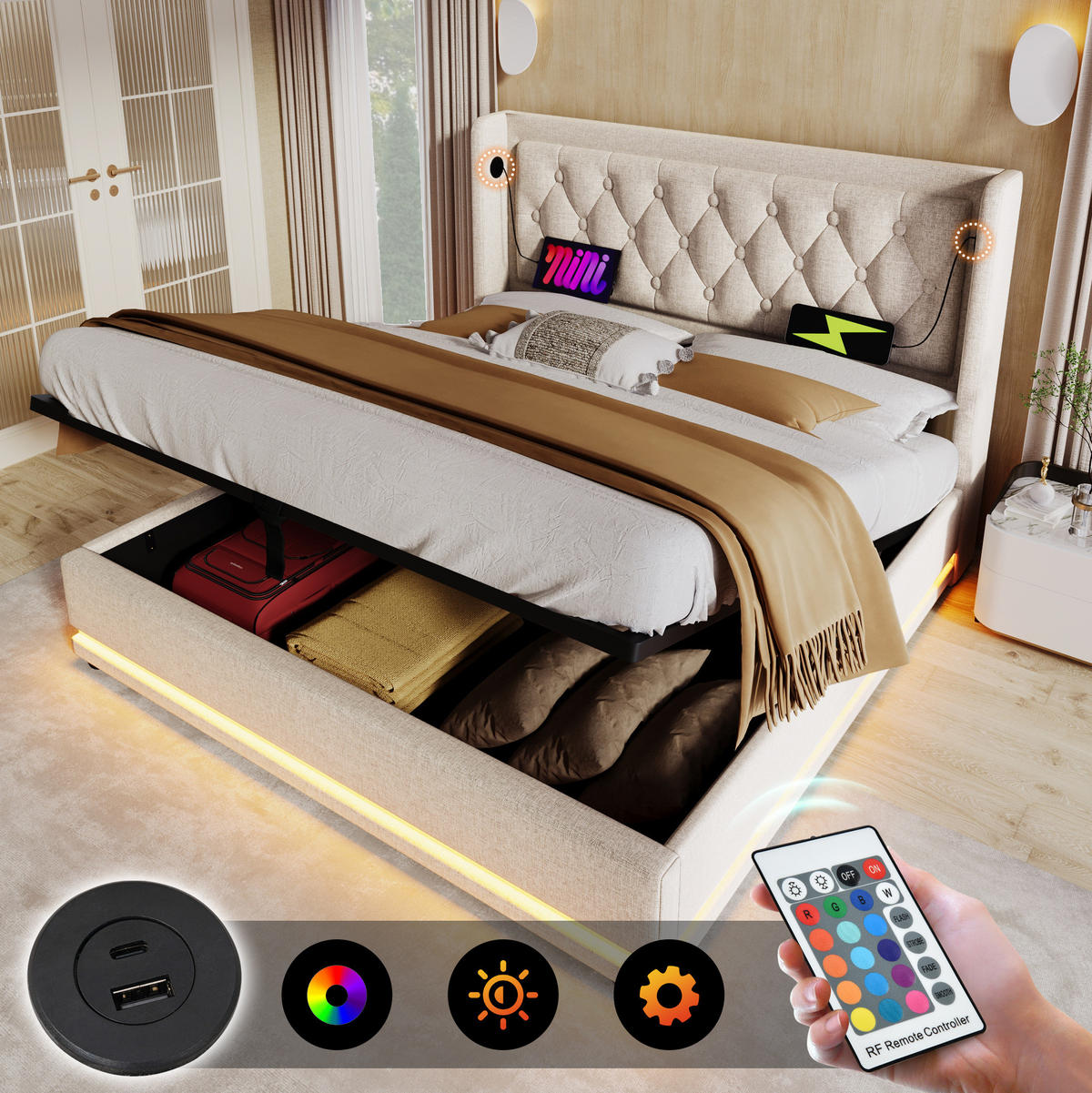 POLSTERBETT 180/200 cm Beige aus Baumwolle mit LED und USB-C - Beige, Textil (180/200cm) - OKMYHOME