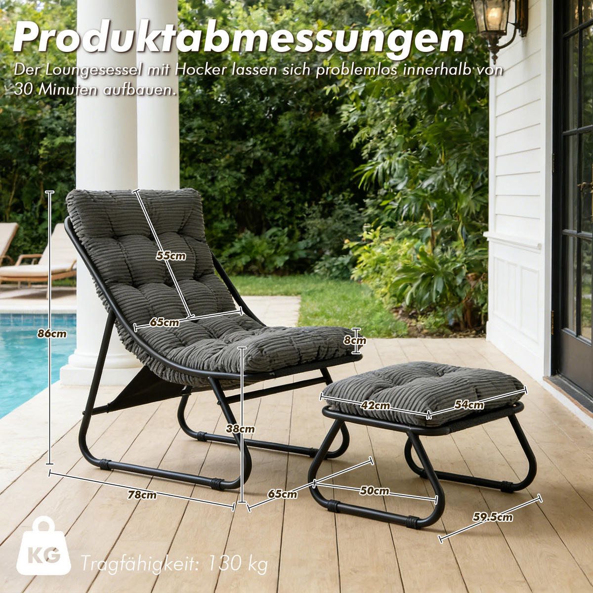 SESSELSET, Relaxsessel mit Hocker,Stahlrahmen,Cord,Grau - Dunkelgrau, Metall (78/86/65cm) - LVHOM