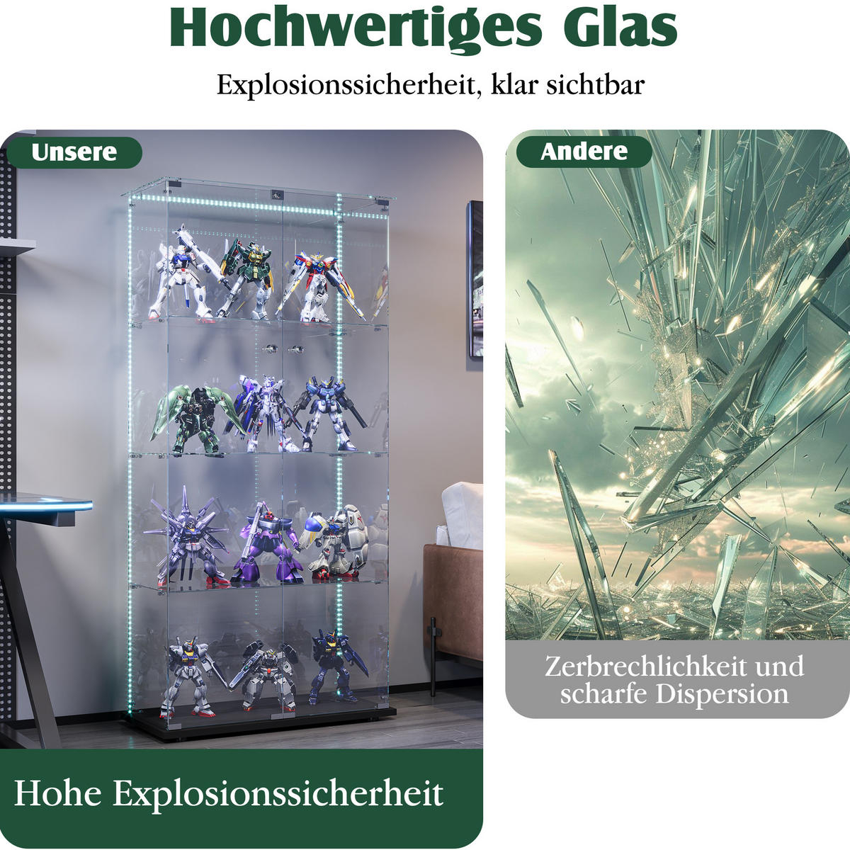 GLASVITRINE, Doppeltüren mit Schloss, 4 Einlegeböden, LED-Lichtleiste, Schwarz - Schwarz, Glas (78.5/163/35cm) - BRILVERDE