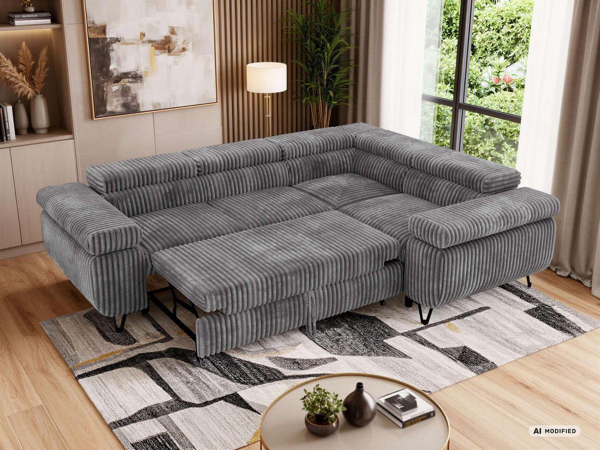 ECKSOFA FALCO L - Grau Cord - Rechts Seite - Schwarz/Grau, Textil/Metall (268/197cm) - MKS