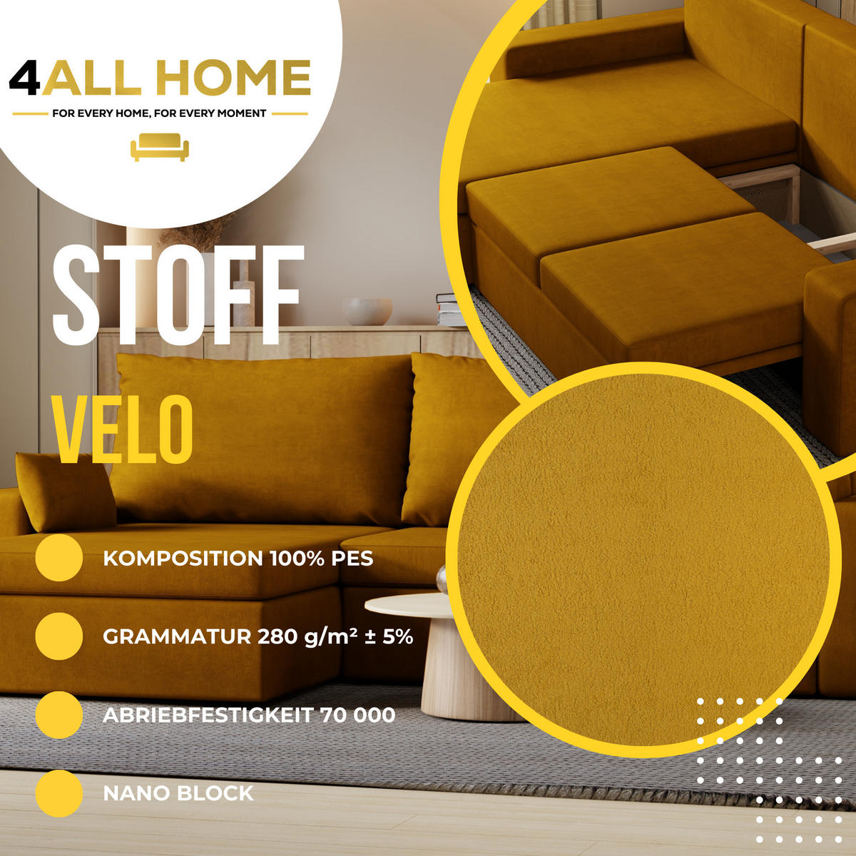 ECKSOFA Paco mit Bettkasten und Schlaffunktion, L-Form/XL-Form, Velourstoff, Universal - Currygelb, Holzwerkstoff (276/145cm) - 4ALL HOME