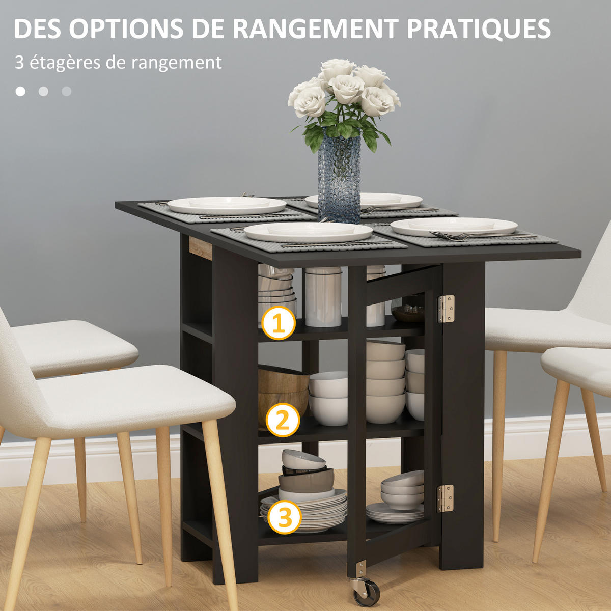 KLAPPTISCH DE-16516 2 Abattants, 3 Etagen, Rollen Schwarz - Schwarz, Holzwerkstoff (120/60/75cm) - ComfortXL