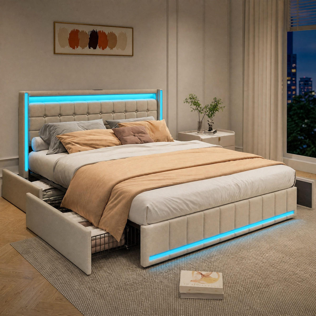 POLSTERBETT 180/200 cm beige mit Schubladen, LED und USB - Beige, Holz - SHOPENTRA