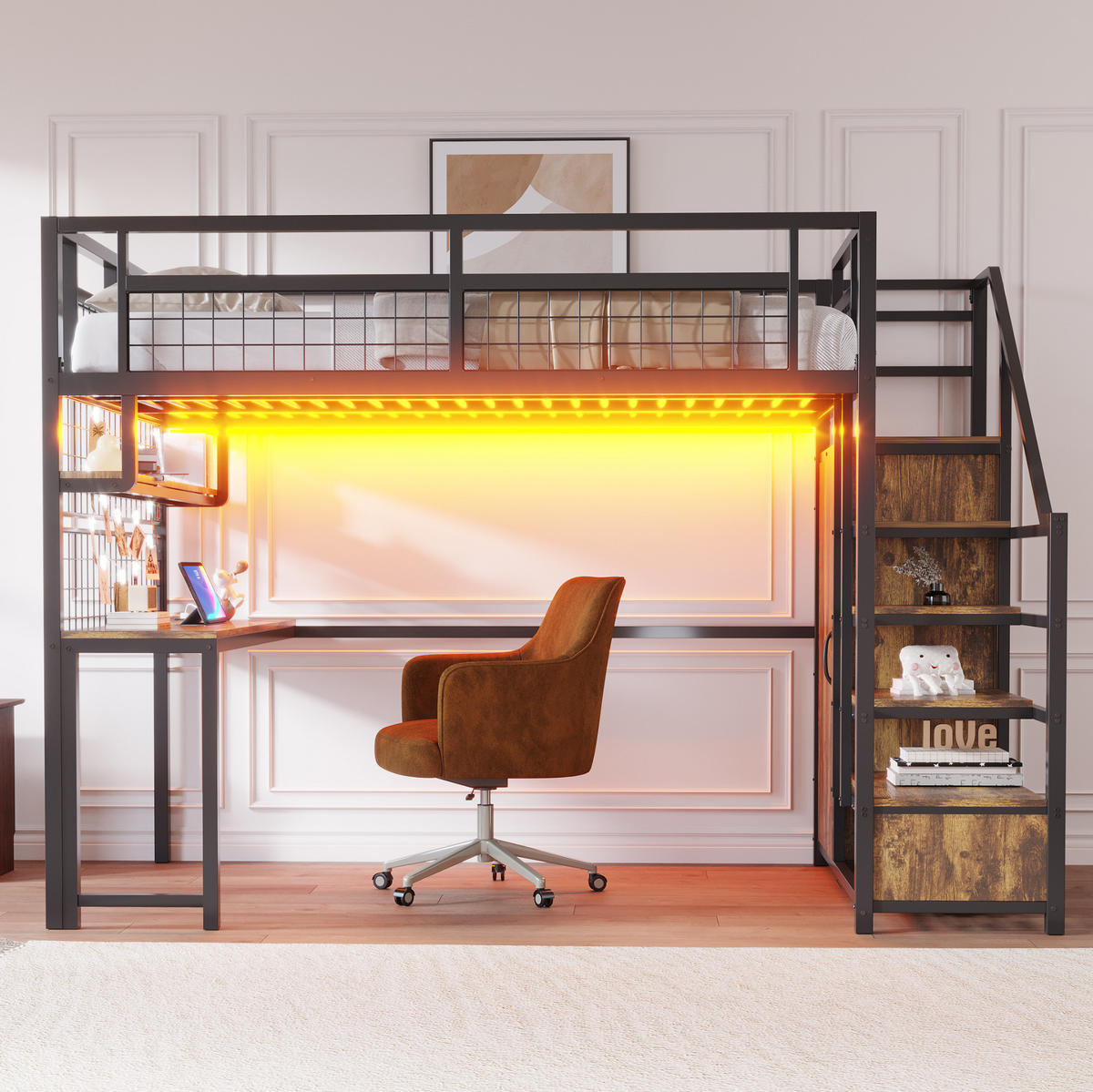 HOCHBETT 140/200 cm aus Metall mit Schreibtisch, Stauraumtreppe, Schwarz - Schwarz, Metall (140/200cm) - OKMYHOME