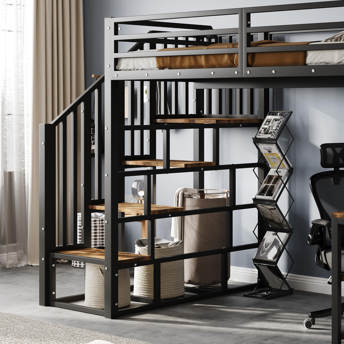 HOCHBETT 120/200 cm in Schwarz & Dunkelwalnuss mit Treppe, Schreibtisch und Regal - Schwarz, Holzwerkstoff/Metall (120/200cm) - STILVORA