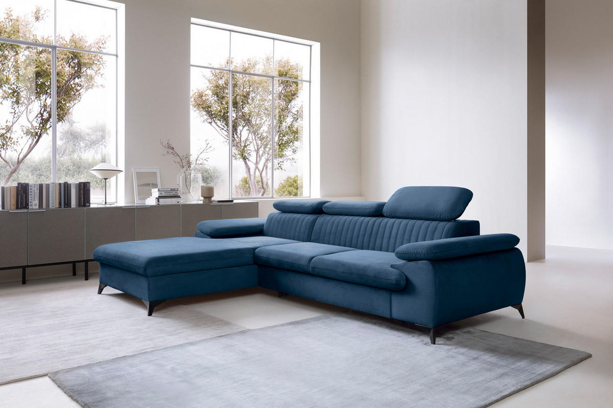 ECKSOFA 280 cm Xanto M, Schlaffunktion, verstellbaren Kopfstützen, Links, Blau - Blau, Holz (280/193cm) - Emporius