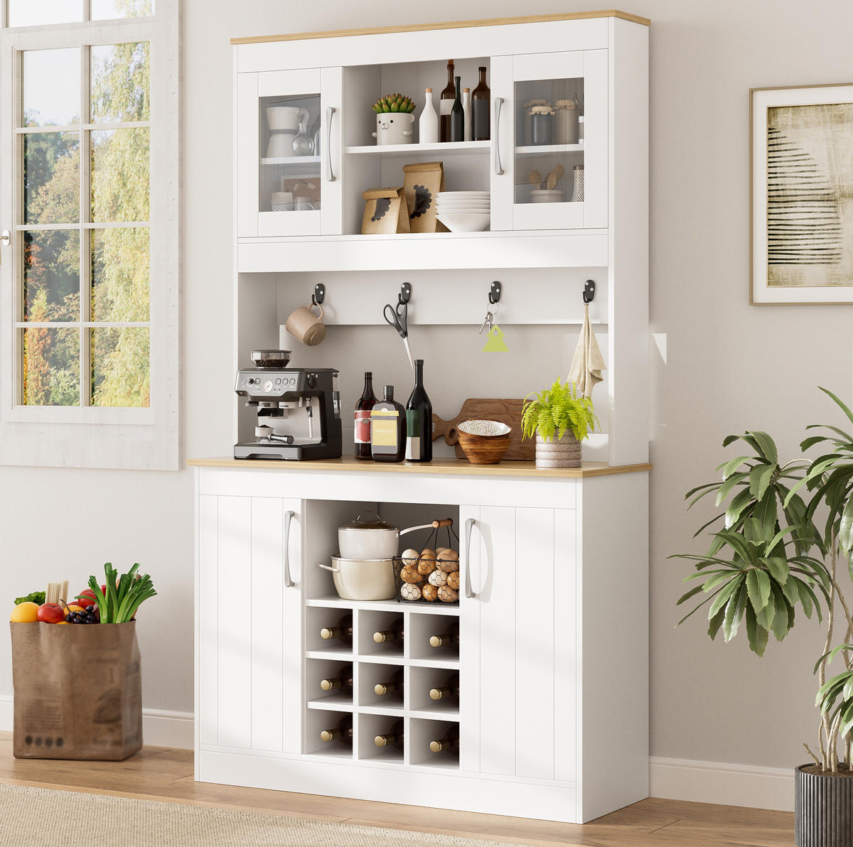 KÜCHENBUFFET mit Glastüren Weinregal 106 x 39 x 175 cm Weiß/Natur - Weiß, Holzwerkstoff (39/175/106cm) - Meubliv