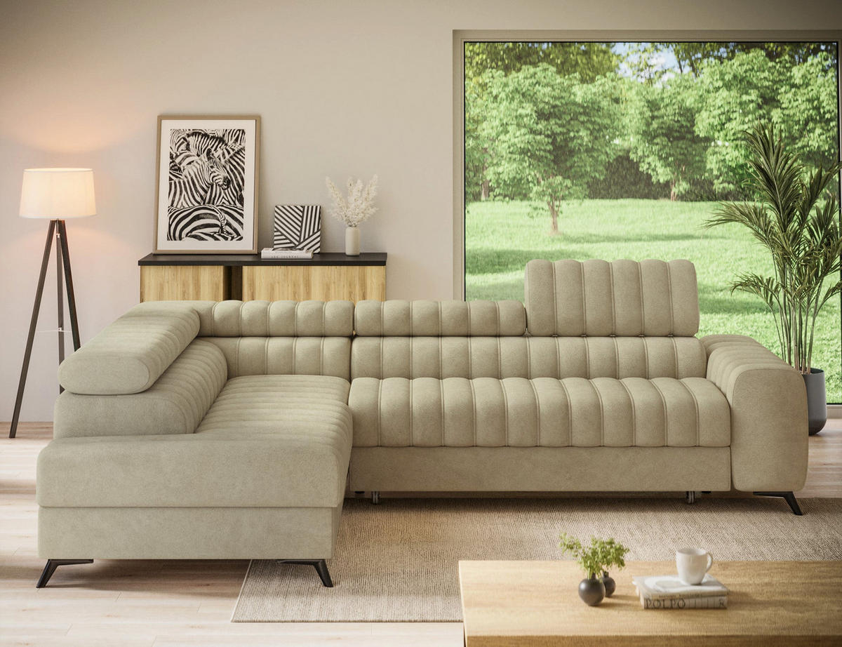 KANEDO Ecksofa mit Schlaffunktion und Bettkasten – Modernes Designsofa, verstellbare Kopfstützen, Metallfüße - Beige, Kunststoff (269/86cm) - Wohnideebilder