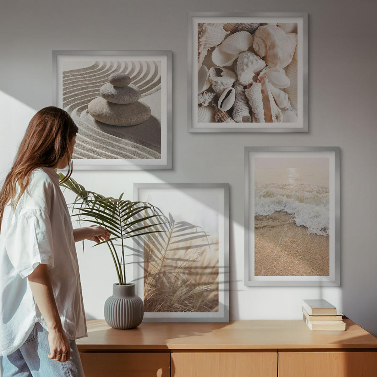 WANDBILDER 4er Set - 50x50 cm & 40x60 cm Silberner Rahmen - Strandmotive, Muscheln, Wellen - Silberfarben, Kunststoff (50/50cm) - ArtPrintCave