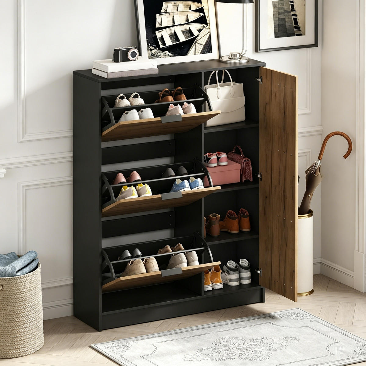 SCHUHSCHRANK 100x30x130 MDF 3 Klappfächer 1 Türfach Holz Schwarz - Naturfarben, Holzwerkstoff (100/130/30cm) - FLIEKS