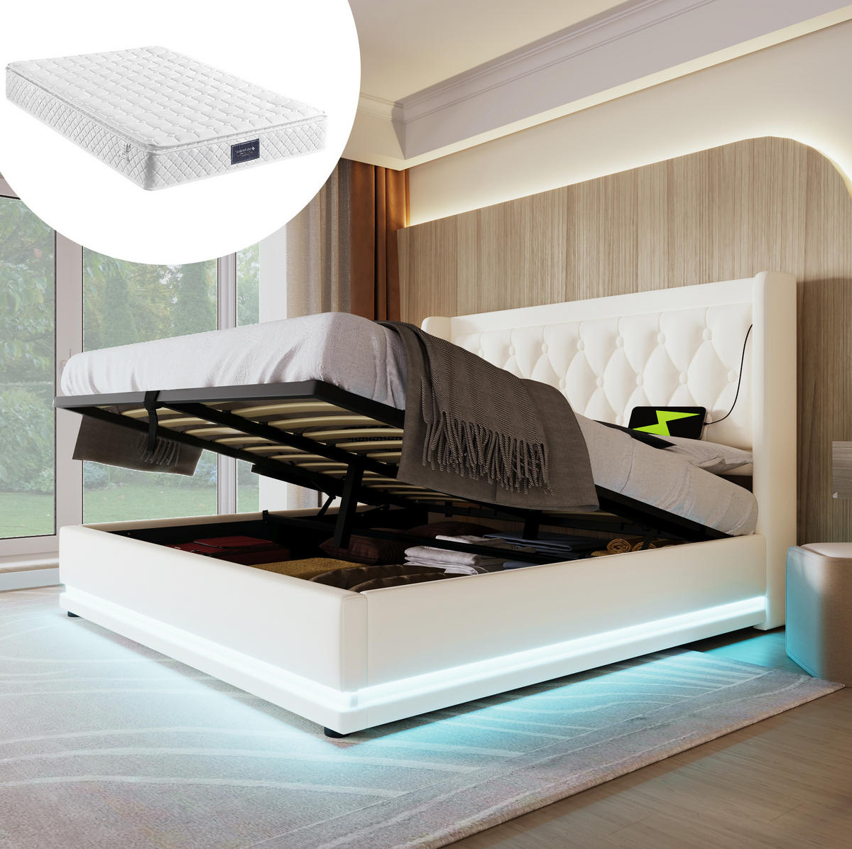POLSTERBETT aus PU 140x200 cm in Weiß mit LED-Beleuchtung & USB-C inklusive Matratze - Weiß, Leder (140/200cm) - Modfu