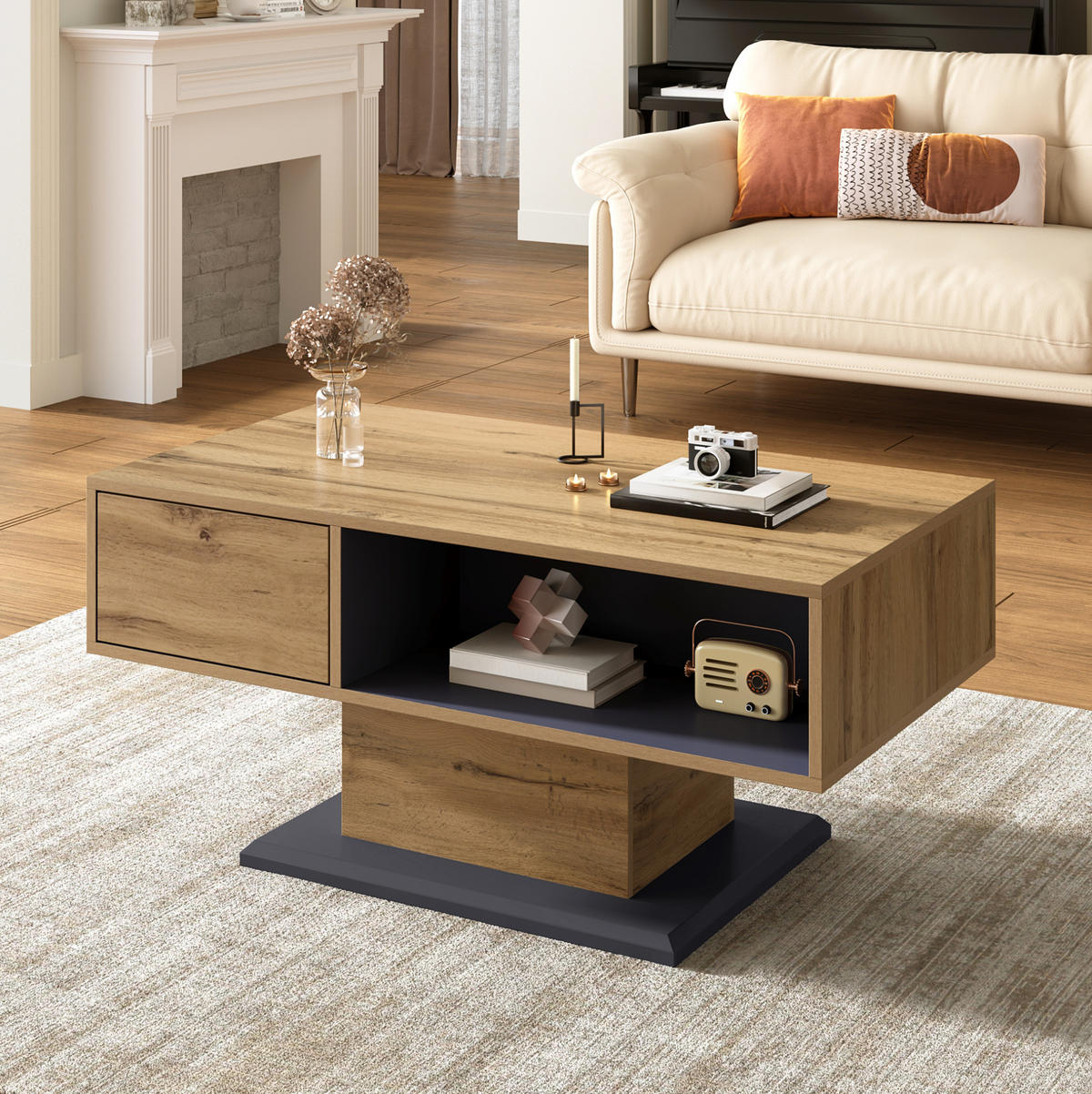 COUCHTISCH 100/50/46.5 cm Grau/Eiche aus Spanplatte mit doppelseitigem Stauraum - Grau, Holzwerkstoff (100/50/46.5cm) - OKMYHOME